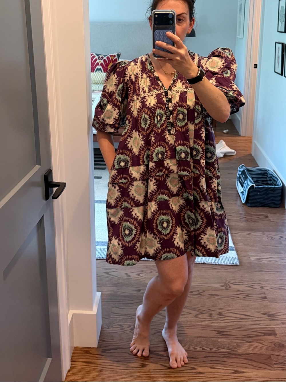 HUNTER BELL Purple and Cream Puff-Sleeve Mini Dress